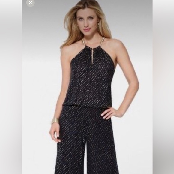NWT Cache Y2k Halter Black Evening wide leg Jumpsuit Metallic Embellishment  S - Picture 2 of 9